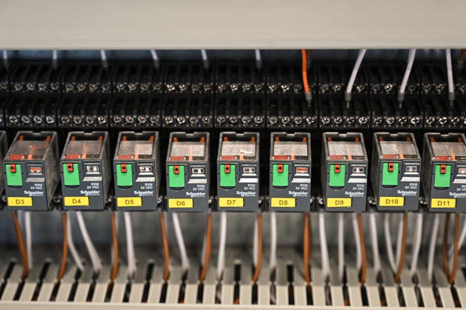 Услуги Close-up view of electrical relays in an industrial panel box showcasing circuit components.